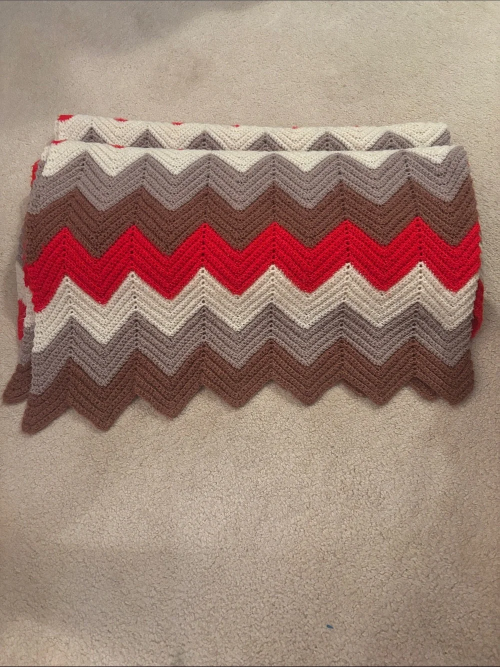 Crochet Chevron blanket in Red, Brown, Cream, handmade